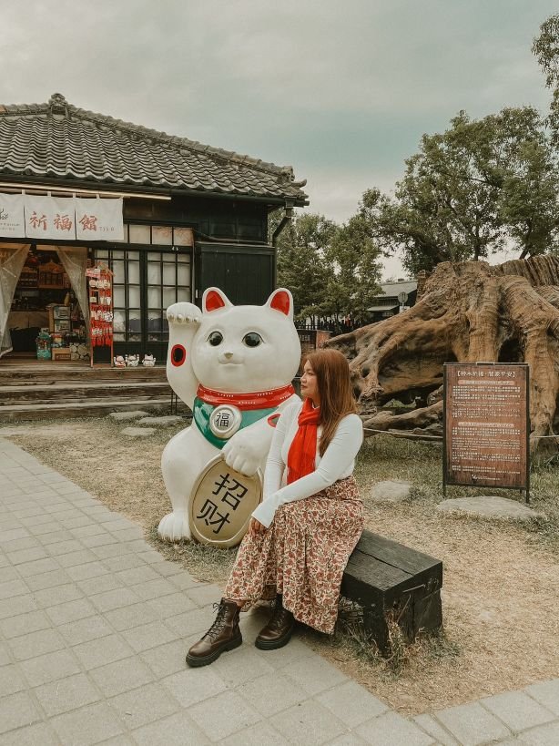 Chiayi, Taiwan - Hinoki Village Jam sitting in front of cat